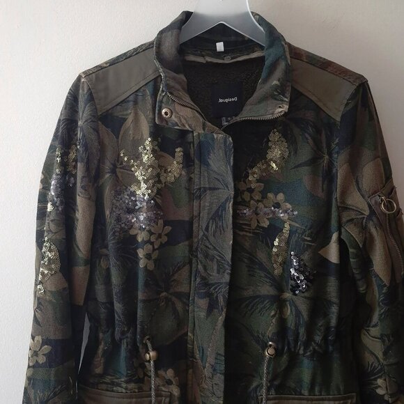 NWT Desigual cotton green & black tropical print camouflage sequined jacket, XS - Picture 15 of 16